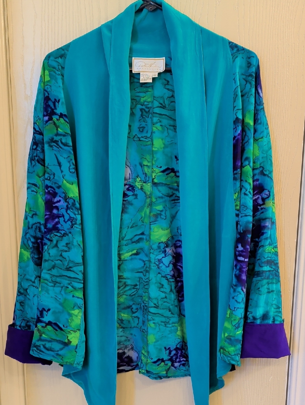 Diane Gilman 100% Silk Teal & Multicolor Watercolor Open Cardigan - Size M